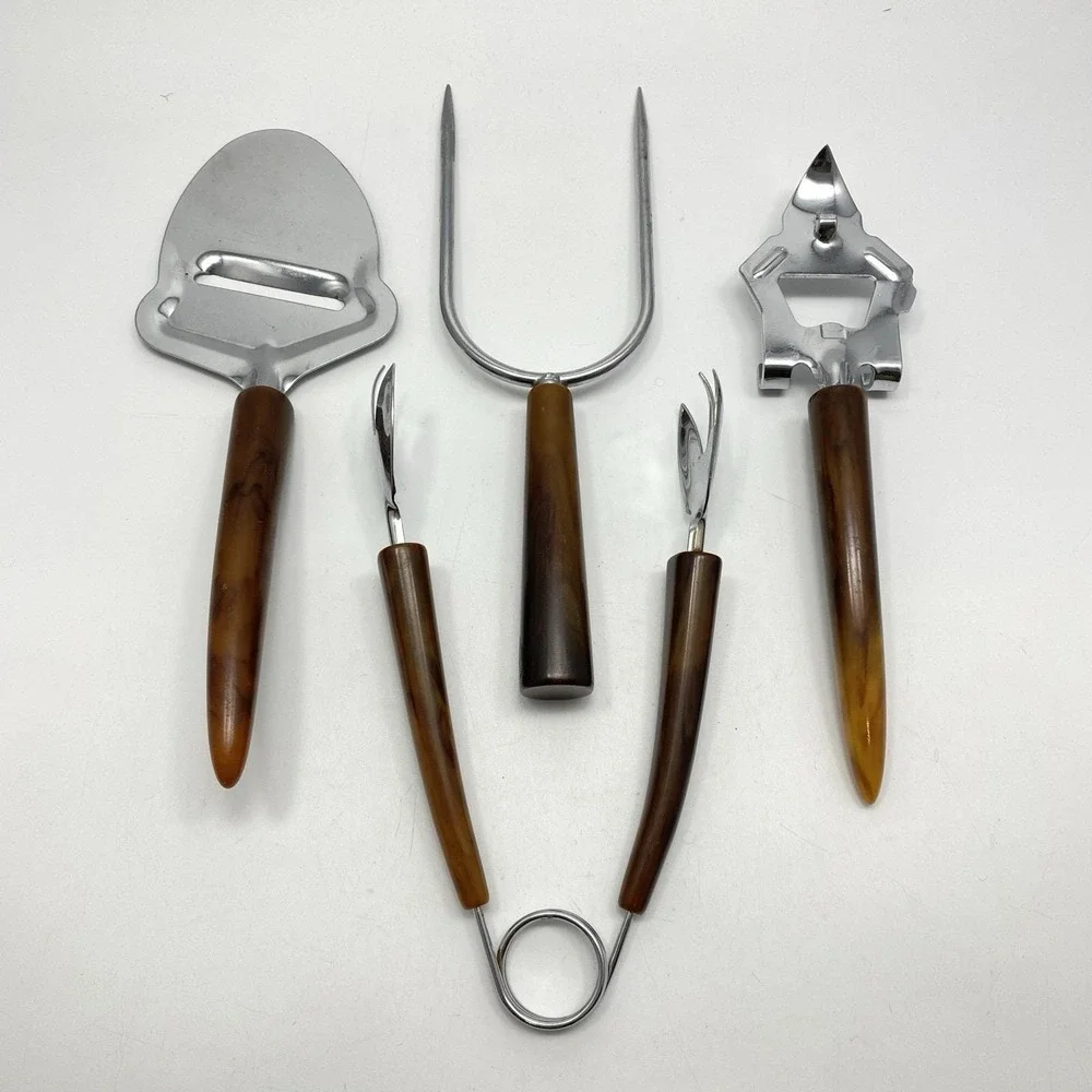 Vtg 4 Barware Utensils Marbled Faux Horn Bottle Opener Cheese Slicer Tongs Fork